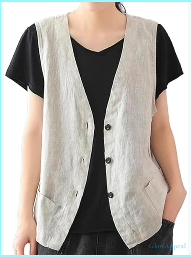 Casual Sleeveless Blazer Vest Women Cotton Linen Waistcoat